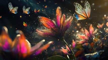 A close-up of a flower transforming into colorful butterflies, illustrating the magical connection between nature and fantasy