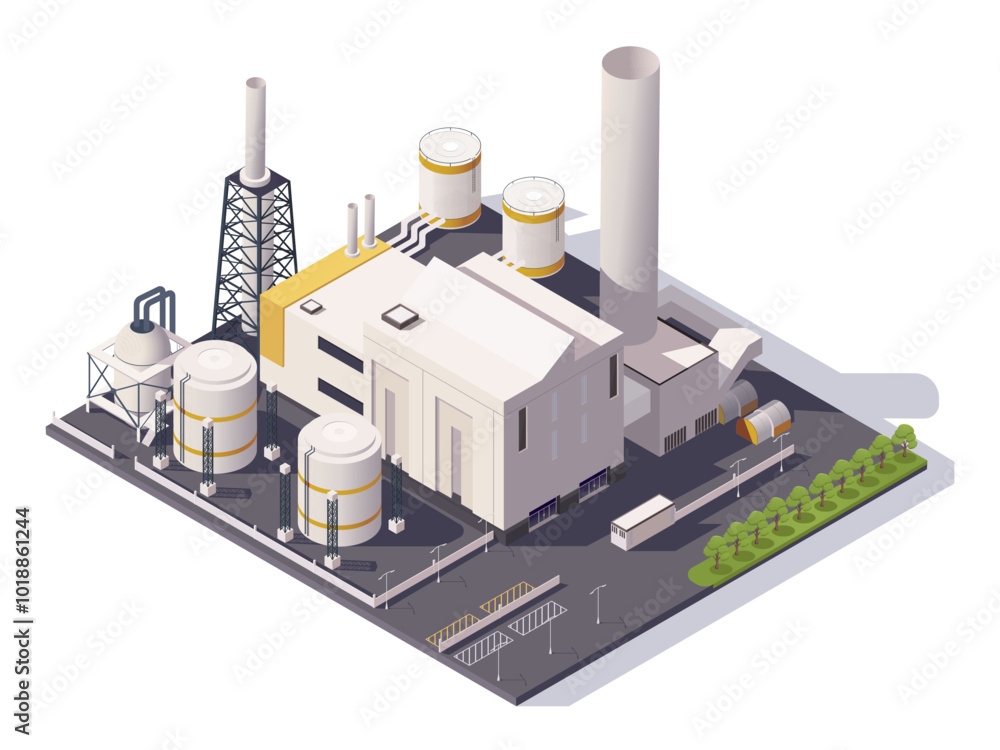 A detailed isometric view of an industrial factory with tanks and ...