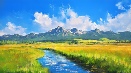 Wall Mural - a serene landscape with a flowing river, lush green meadows, majestic mountains in the background, a
