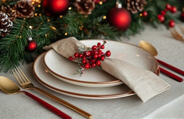 elegant holiday dining setup featuring red and green decor with festive tableware