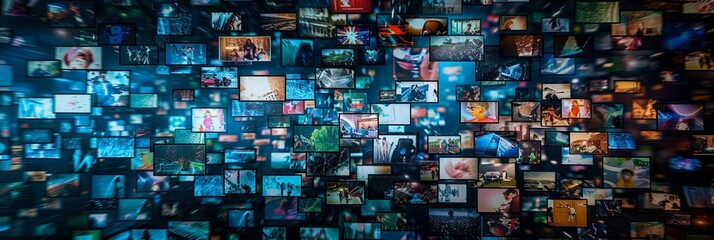 digital mosaic of countless video screens illuminating a dark space, showcasing diverse content in a