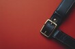 © olegganko - Black leather belt against a bright red background showcasing simple elegance and style