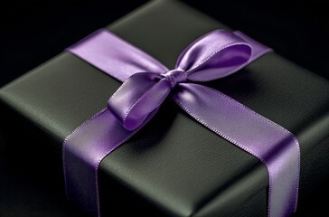 Elegant black gift box with a purple ribbon awaits opening on a dark background