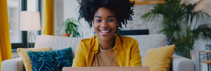 Wall Mural - Vibrant young woman with curly hair smiles brightly while working on laptop in cozy home office, surrounded by yellow accents and green plants.