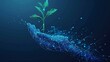 © Maria Mikhaylichenko - Digital hand nurturing a green sprout, symbolizing technological growth and environmental sustainability in a futuristic blue network landscape.