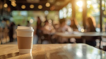 Disposable coffee cup on wooden table in bustling cafe, blurred background of patrons and warm lighting creates cozy ambiance.