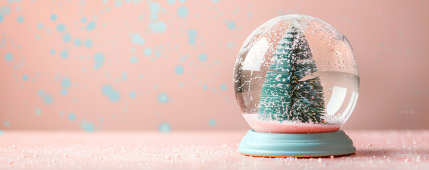 Wall Mural - Snow ball with Christmas tree on blurred pastel pink background. Festive Xmas banner with snow globe. New year concept for greeting card with copy space.