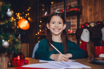 Wall Mural - Photo of nice little girl write letter santa wear green christmas clothes enjoy cozy x-mas party decoration interior flat indoors