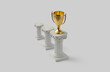 © Yaroslav Danylchenko/Stocksy - Three columns standing in row with golden cup on top