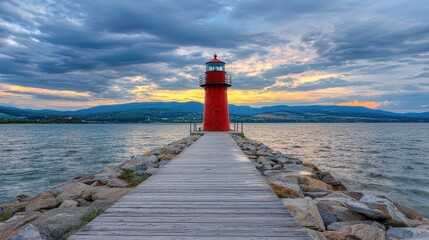 Fototapete - A vibrant red lighthouse stands on a wooden pier, surrounded by calm water under a dramatic sky at sunset.