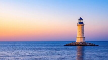 Poster - A serene lighthouse stands on a rocky outcrop, illuminated by a colorful sunset sky above calm waters.