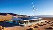 © Marlon - Cutting-edge solar-powered house in a desert landscape, complemented by wind turbines. Showcasing sustainable energy solutions and modern architecture in an arid environment