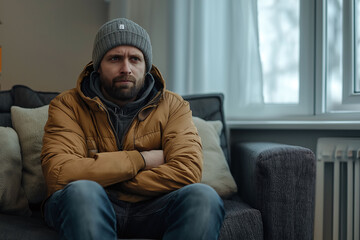 A man wearing a beanie and jacket, sitting with crossed arms indoors, looking cold and uncomfortable