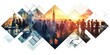 © SKIMP Art - A collage of business images, such as people in suits, office spaces with computers, and a cityscape at sunset a large diamond shape in the center filled with various photos Generative AI