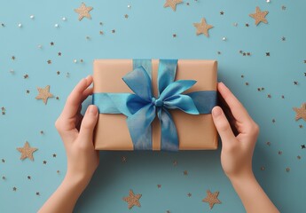 Hands holding a beautifully wrapped gift on a blue background with decorative stars