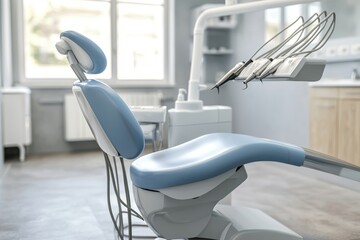 A stock image of a dentist specialist clinic with modern seating and tools