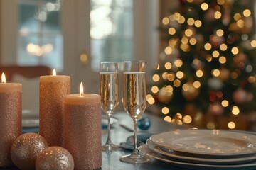 a beautiful table setting for christmas dinner with burning candles