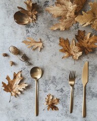 Poster - Autumn table arrangement with dry oak leaves and golden utensils on a grey surface from above