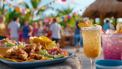 An image showing a Cinco de Mayo celebration with food and drinks in the foreground and people celebrating in the background