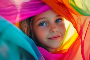 Wall Mural - Close-Up of a Smiling Young Girl Wrapped in Bright, Flowing Fabrics, Capturing Her Joyful Expression and Connection with Color