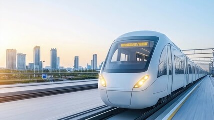 Modern Train Approaching Station in Cityscape at Sunset