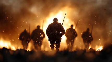 A group of soldiers marching forward, silhouetted against a fiery backdrop, embodying bravery during a fierce battle at dusk. World War Two movie scene poster with a battalion of soldiers.