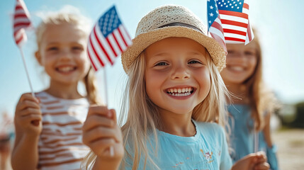 Little girls joyfully waving USA flags outside. Three children smile and wave small American flags, celebrating patriotism in a bright outdoor setting on a sunny day, looking at the camera.