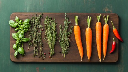 Fresh vegetables on a rustic wooden cutting board with green background.