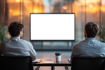 Businessman sitting in conference room looking at blank white TV