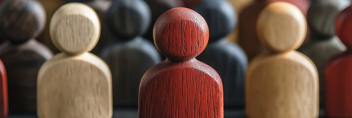 A red wooden figure stands prominently among others, highlighting individuality and standing out.