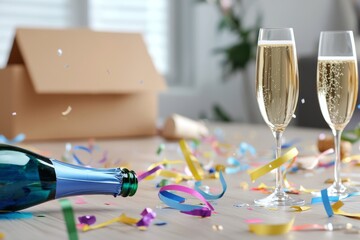 During the morning after party celebration, a messy wooden table with pizza box, empty blue bottles, wine glasses, and party decorations is arranged. The chaos that follows the after party