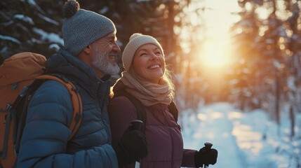 Joyful mature couple embracing nordic walking together in a winter forest at sunset