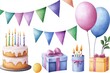 © serdon - Clipart of a watercolor birthday party with colorful balloons, gift boxes, flags garland, cake and candles.