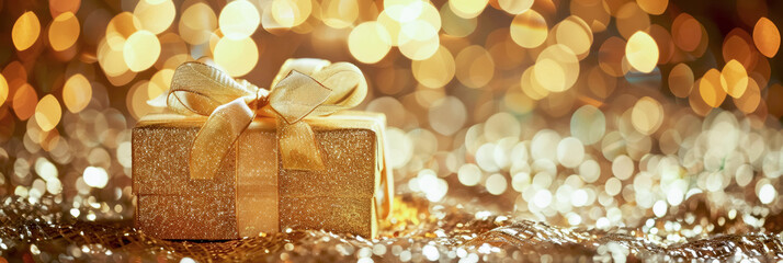 Wall Mural - Golden holiday greeting card featuring a beautifully wrapped gift box on a sparkling background