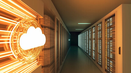 3D render of a glowing cloud icon on a row with modern server equipment in a data center room interior. Cloud computing technology concept