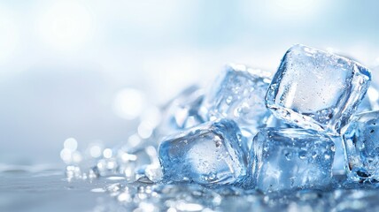 Canvas Print - Clear ice cubes glistening in soft light on a reflective surface with a blurred background