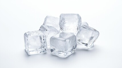 Poster - Clear ice cubes scattered on a white background for culinary use or beverage preparation