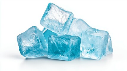 Canvas Print - Bright blue ice cubes stacked together on a clean white background, creating a refreshing visual appeal