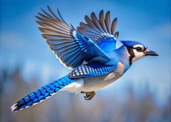 Wall Mural - Majestic Blue Jay Bird in Flight Captured Against a Clear Sky, Showcasing Its Vibrant Feathers