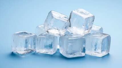 Canvas Print - Clear ice cubes stacked on a blue background ready for refreshing beverages