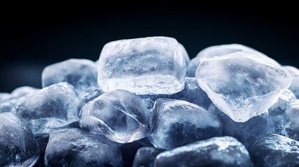 Canvas Print - A close-up view of a pile of clear ice cubes on a dark background during daylight hours