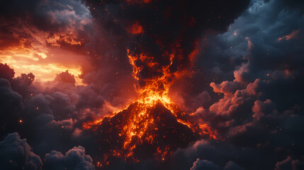 Wall Mural - Volcano eruption wallpaper and background, creater eruption with dark smoke and cloud. Erupting Volcano. Illustration