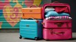 © Pixel Matrix - A lively scene showcasing an eclectic collection of vivid suitcases and travel items