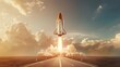 © MD Media - Rocket takes off on the horizon, a close-up, hyper-realistic photograph. Successful launch business lifting off