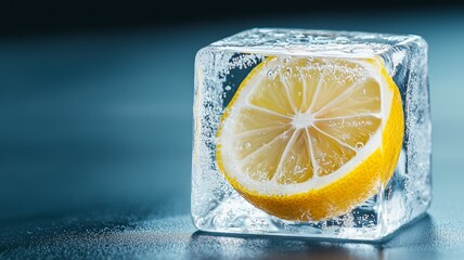 Poster - Fresh lemon slice encased in clear ice cube with bubbles captured in soft light