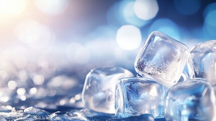 Poster - Close-up of clear ice cubes on a reflective surface with a soft blurred background during evening light