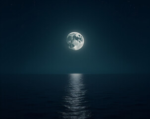 a full moon slowly rises above the dark, seemingly endless waters of an empty ocean on a calm, starr