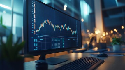 Fototapete - Modern Workspace with Financial Data on Computer Screen