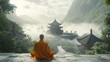 © Edi Purnomo - A Buddhist monk meditates in front of a temple nestled in a misty mountain valley.