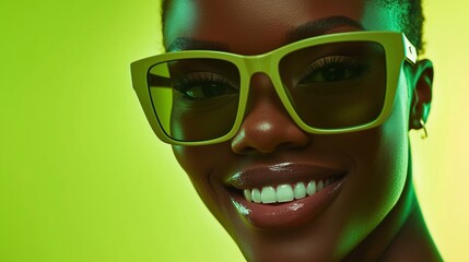 Wall Mural - young woman in sunglasses smiling portrait close-up on green background Generative AI